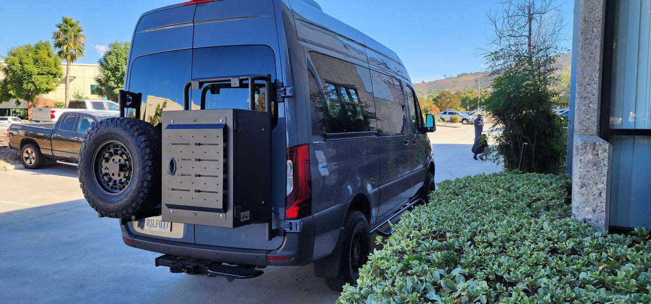 ALUMINESS - REAR DOOR BOX/TIRE RACK (Sprinter 2019+)